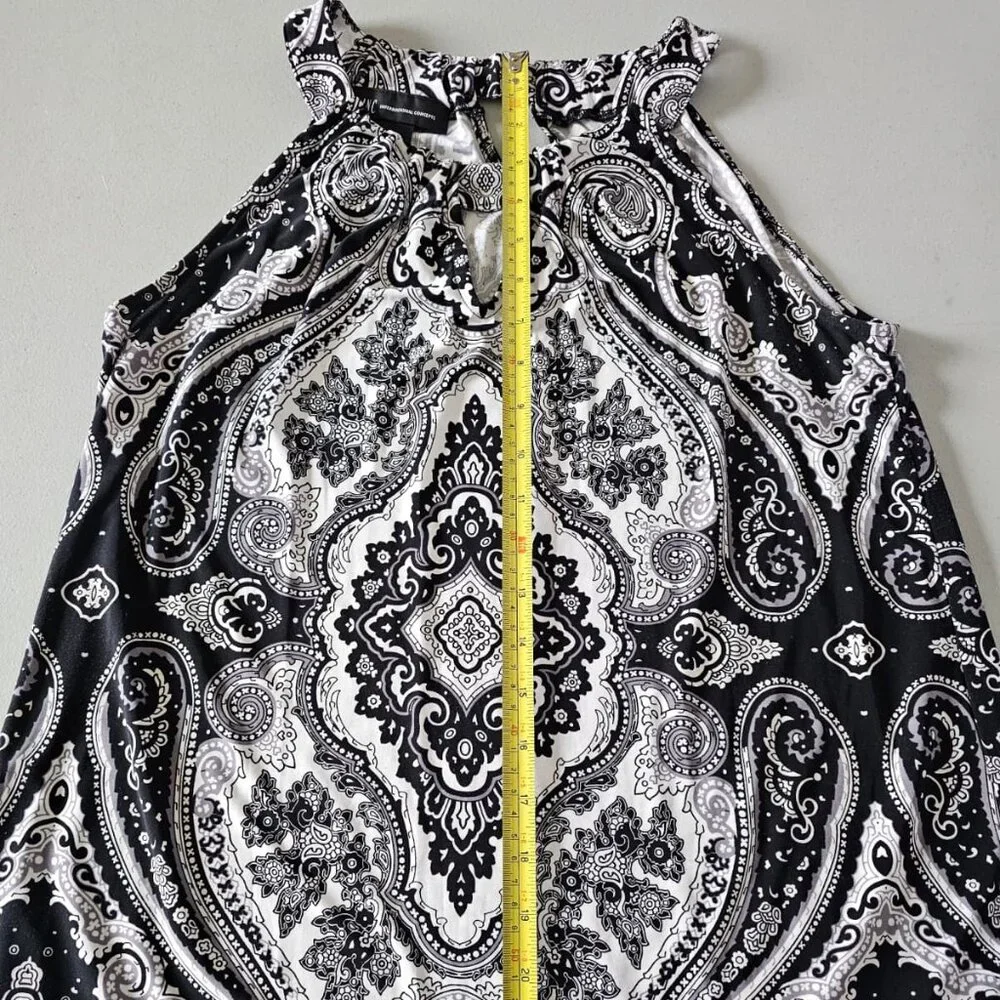 INC International Concepts Top M Black White Paisley Sleeveless Pom Pom Hem Trim - Picture 2 of 13